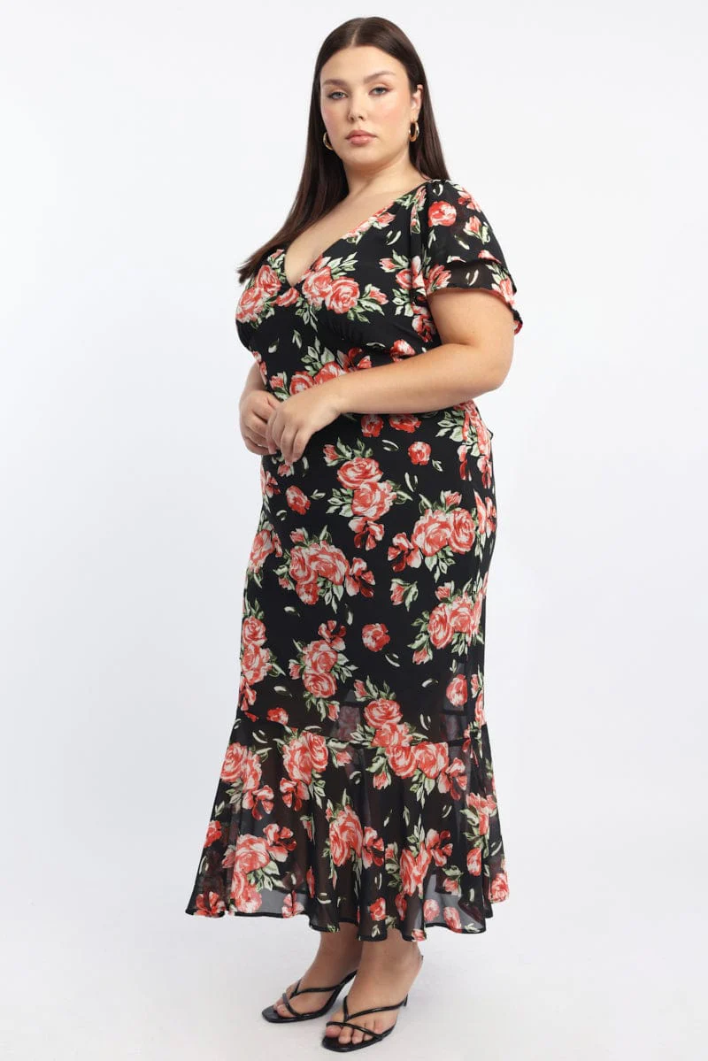 Red Floral Maxi Dress Short Sleeve Chiffon Ruffle - Image 3