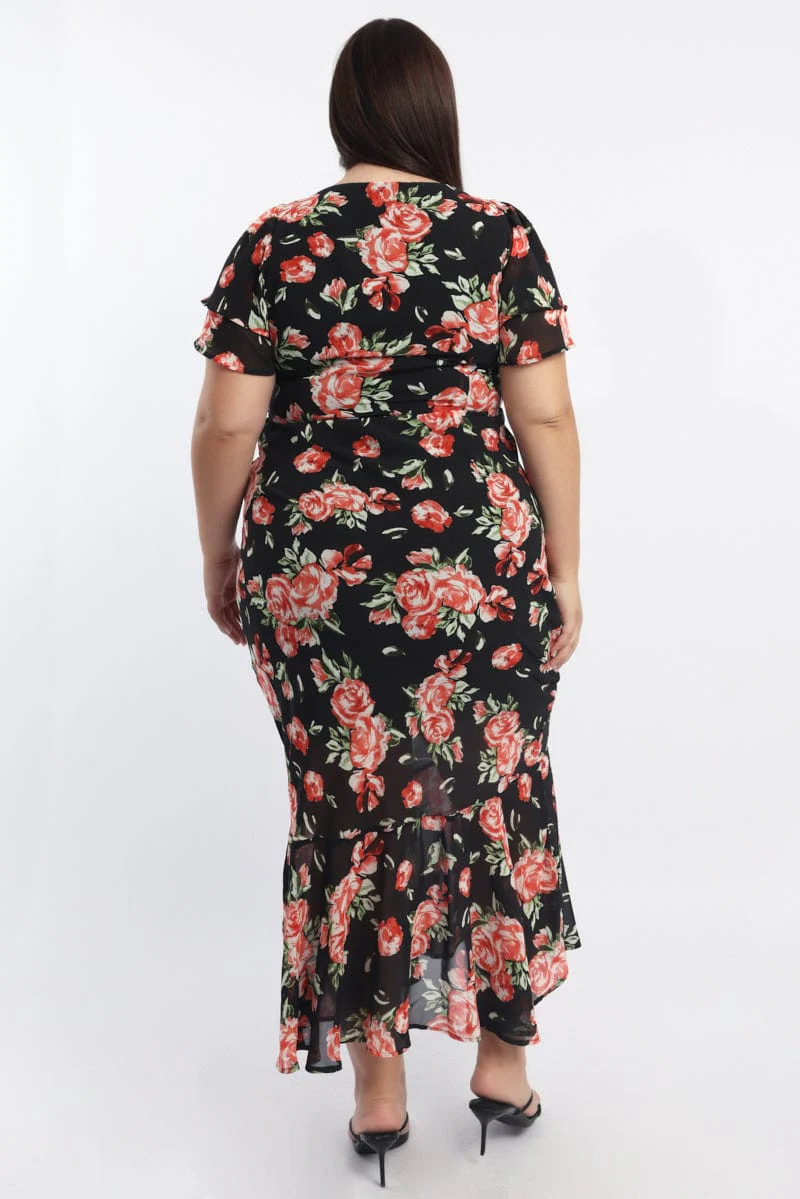 Red Floral Maxi Dress Short Sleeve Chiffon Ruffle - Image 4