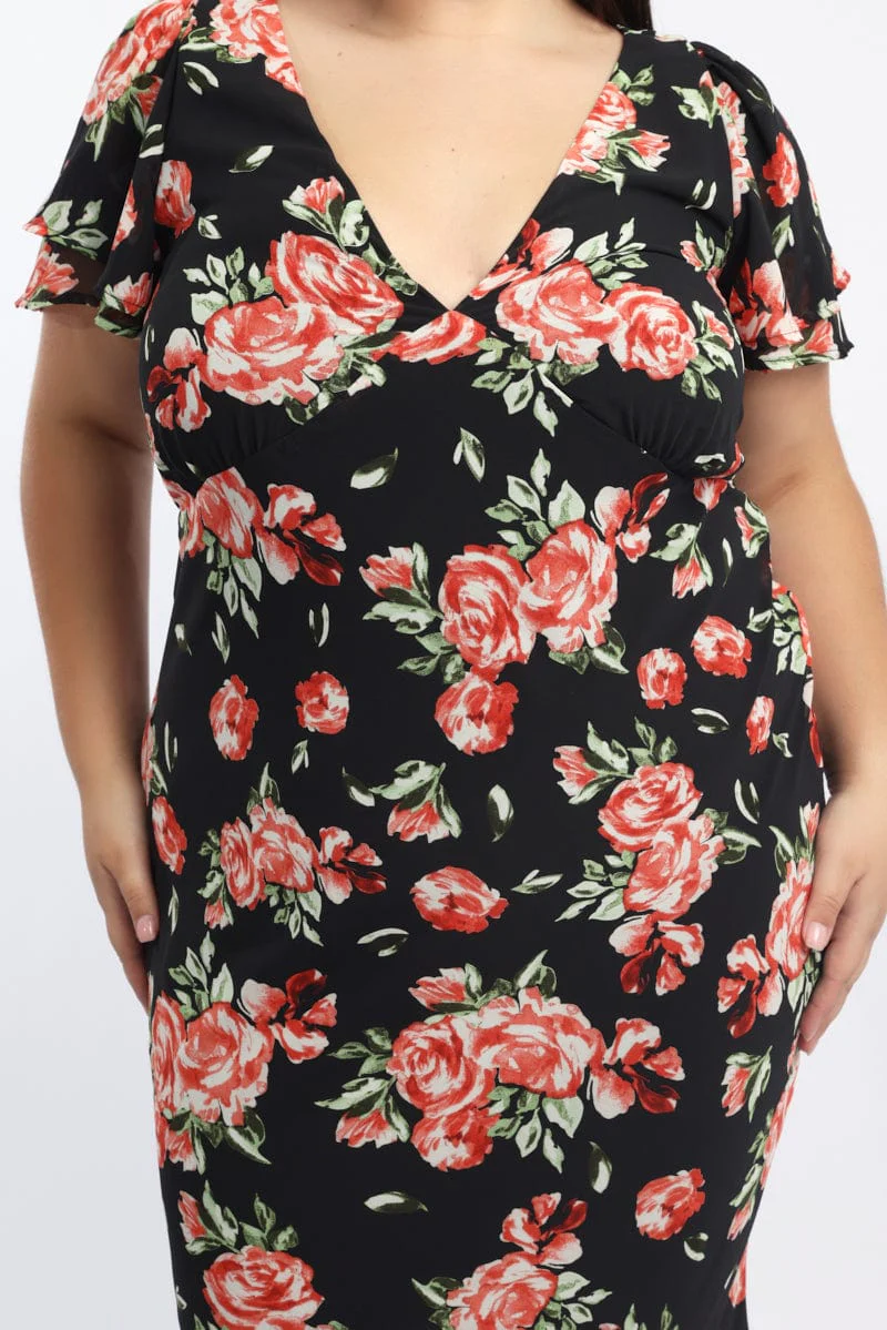 Red Floral Maxi Dress Short Sleeve Chiffon Ruffle - Image 5