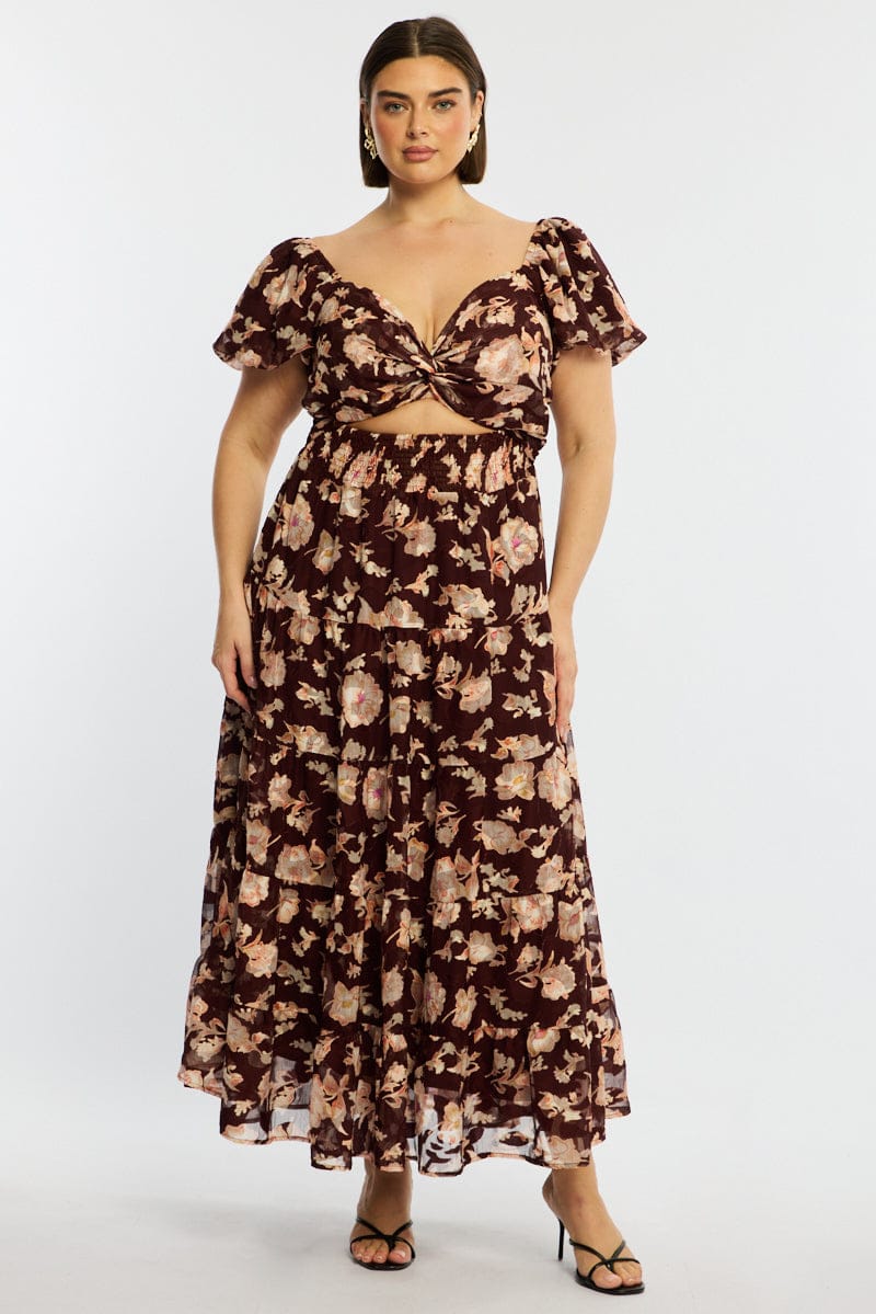 Red Floral Maxi Dress Short Sleeve Cut Out - Image 3