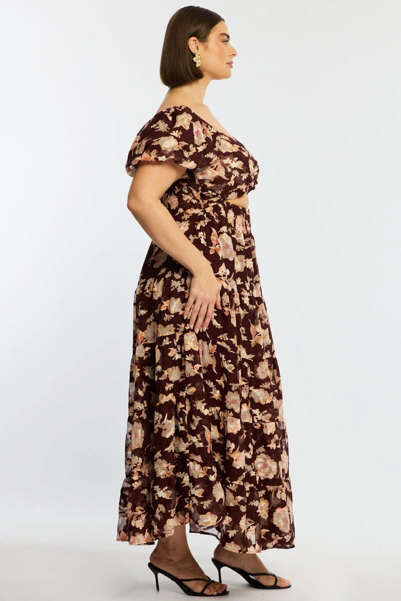 Red Floral Maxi Dress Short Sleeve Cut Out - Image 4