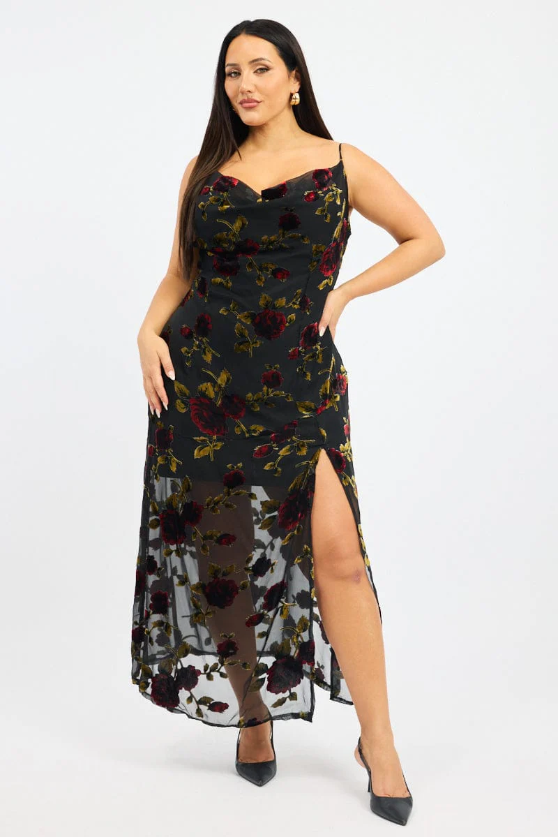 Red Floral Maxi Dress Sleeveless Cowl Neck - Image 3