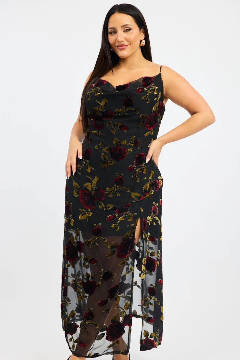 Red Floral Maxi Dress Sleeveless Cowl Neck - Image 4