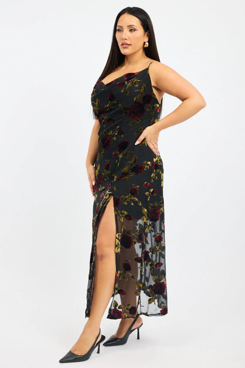 Red Floral Maxi Dress Sleeveless Cowl Neck - Image 5