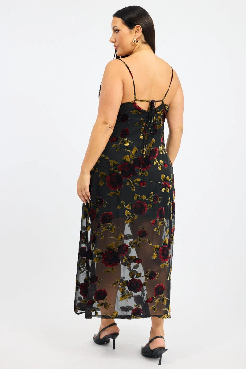 Red Floral Maxi Dress Sleeveless Cowl Neck - Image 6