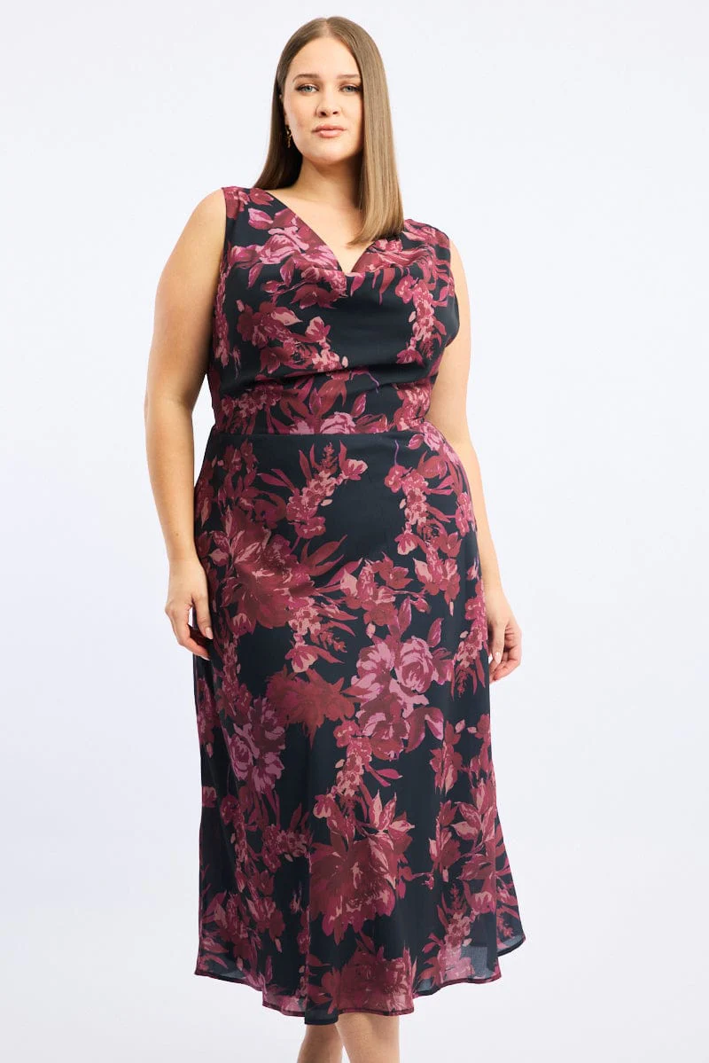 Red Floral Maxi Dress Sleeveless Cowl Neck - Image 2
