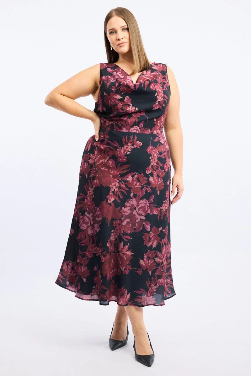Red Floral Maxi Dress Sleeveless Cowl Neck - Image 3