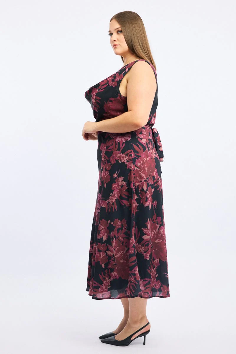 Red Floral Maxi Dress Sleeveless Cowl Neck - Image 4