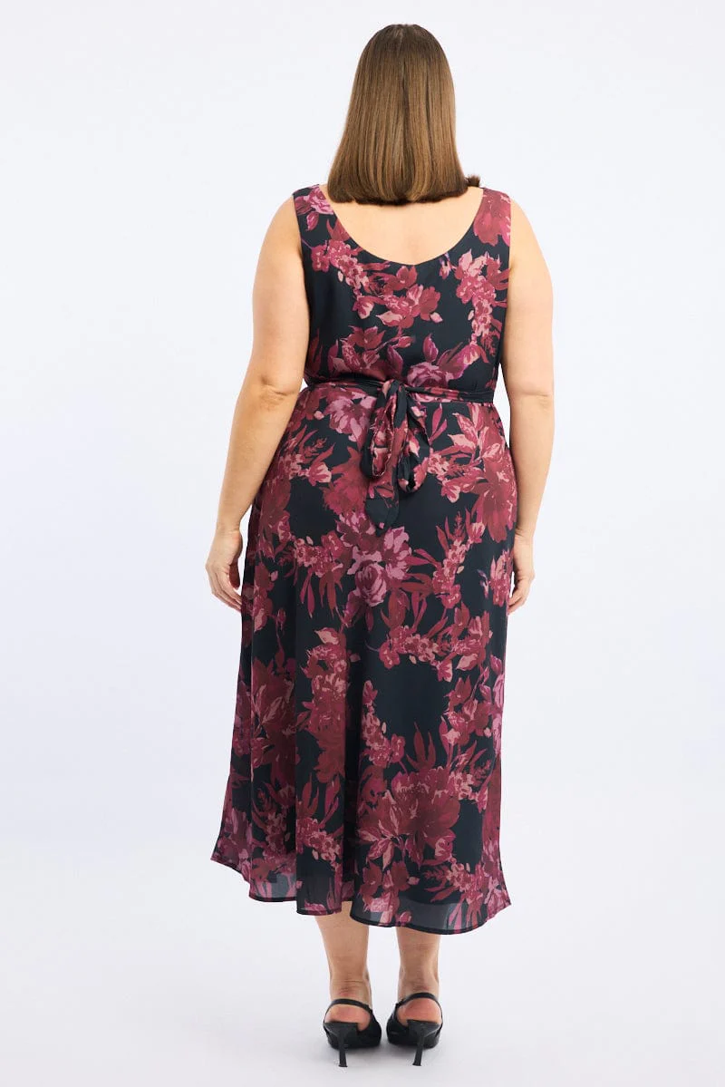 Red Floral Maxi Dress Sleeveless Cowl Neck - Image 5