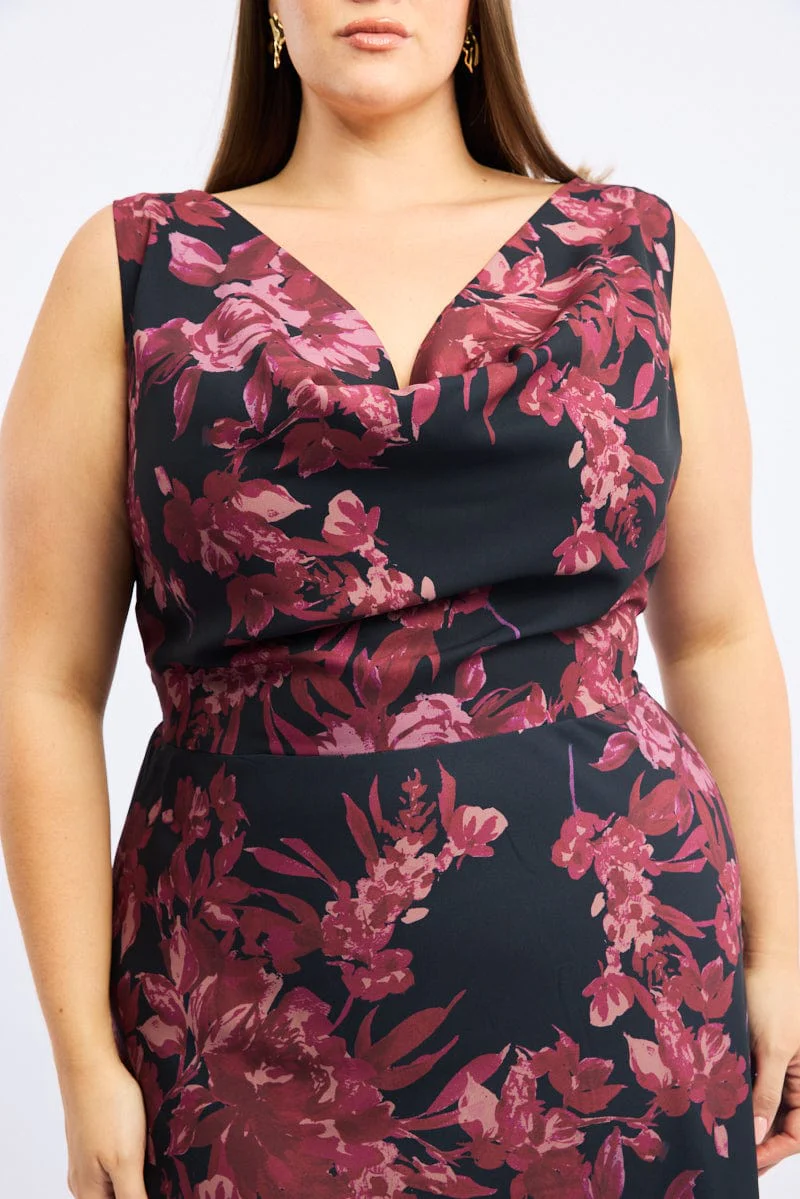 Red Floral Maxi Dress Sleeveless Cowl Neck - Image 6