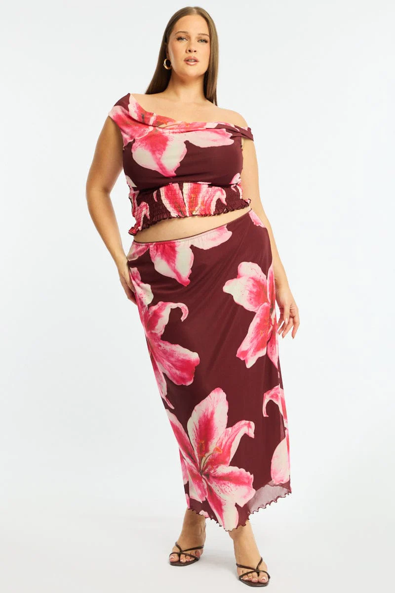 Red Floral Maxi Skirt Mesh