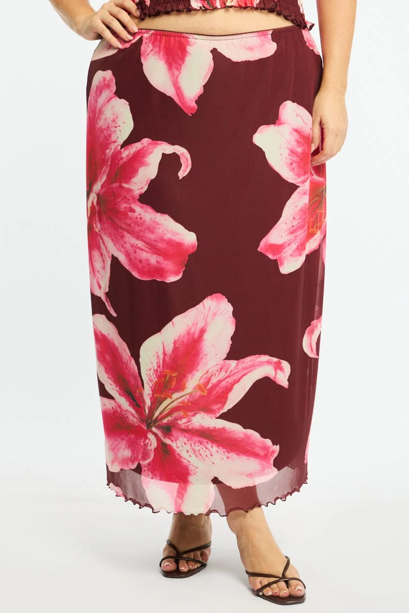 Red Floral Maxi Skirt Mesh - Image 2
