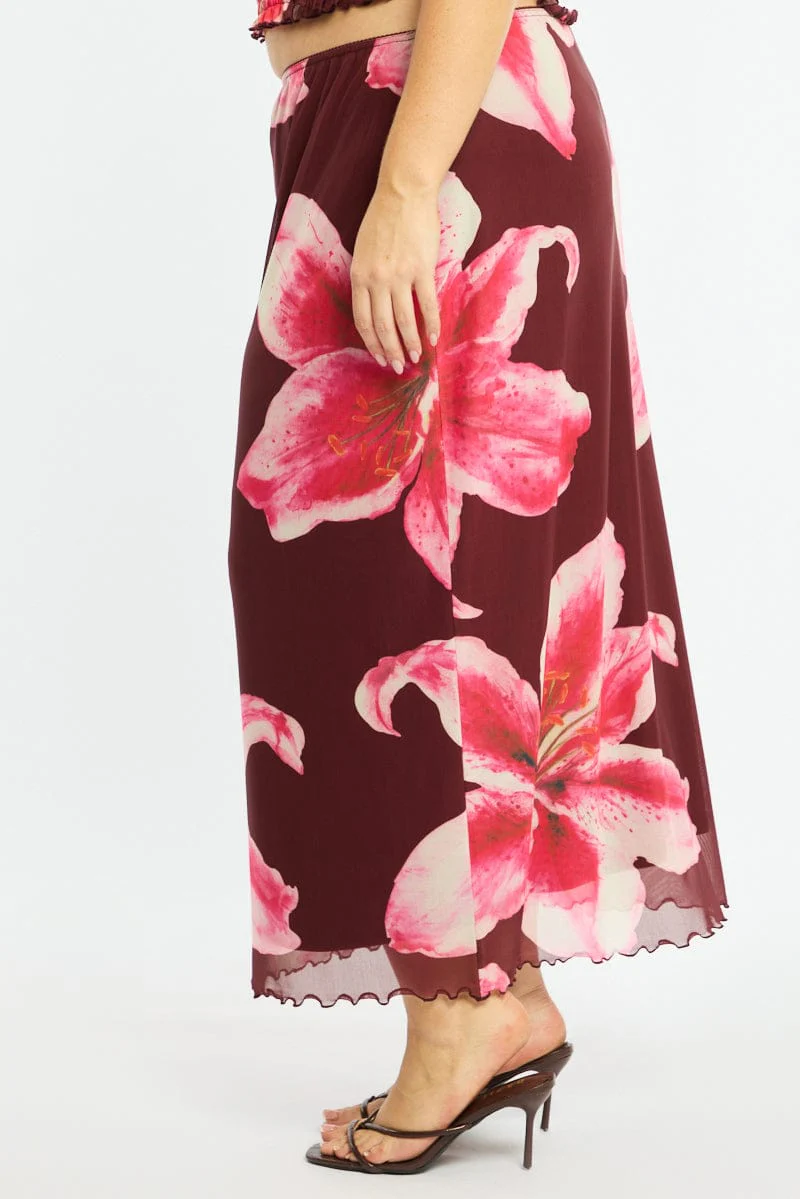 Red Floral Maxi Skirt Mesh - Image 3