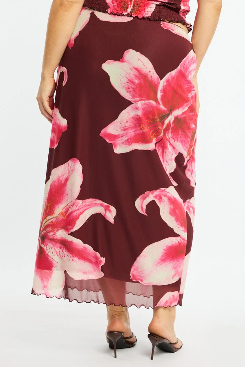 Red Floral Maxi Skirt Mesh - Image 4