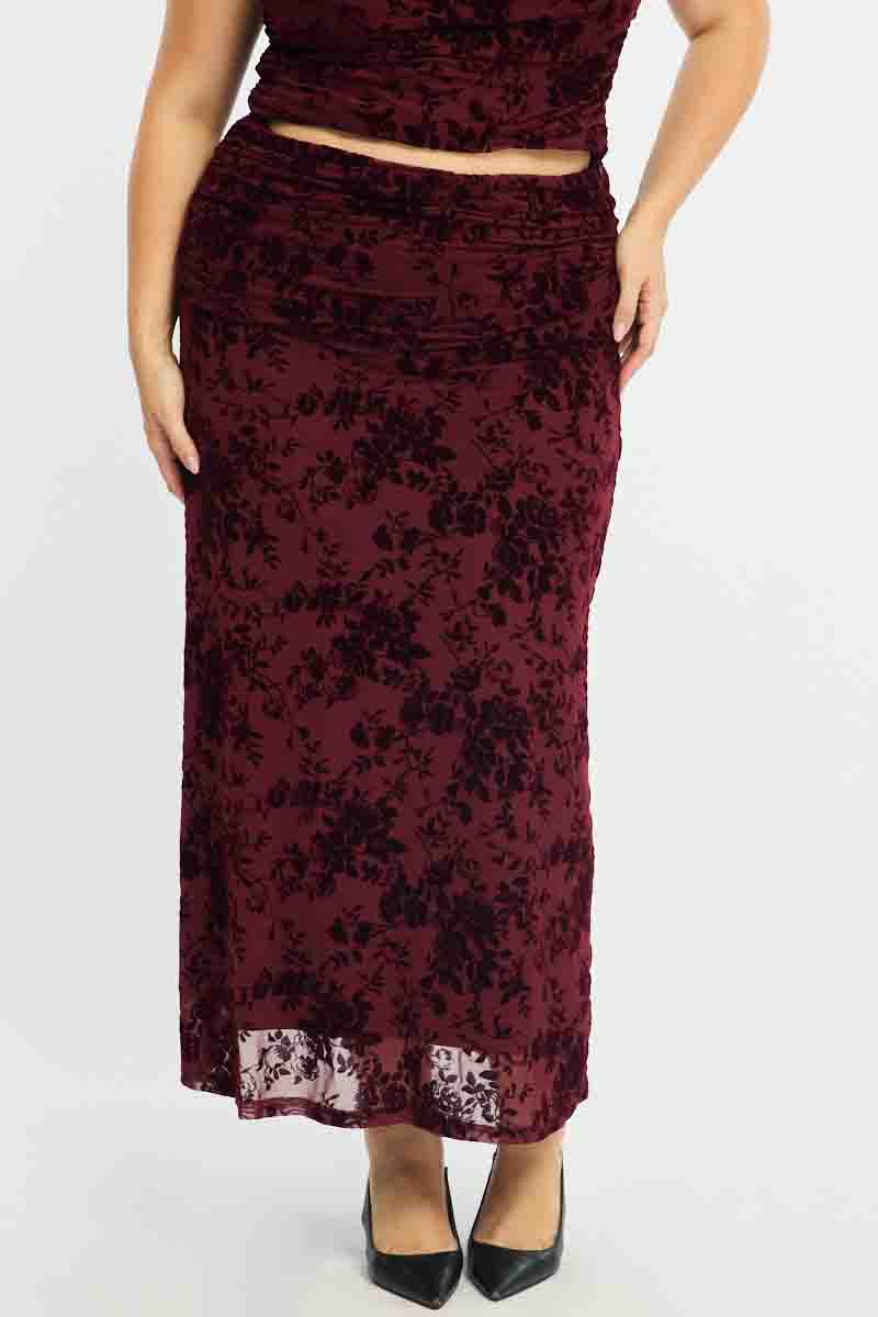 Red Floral Maxi Skirt Mesh