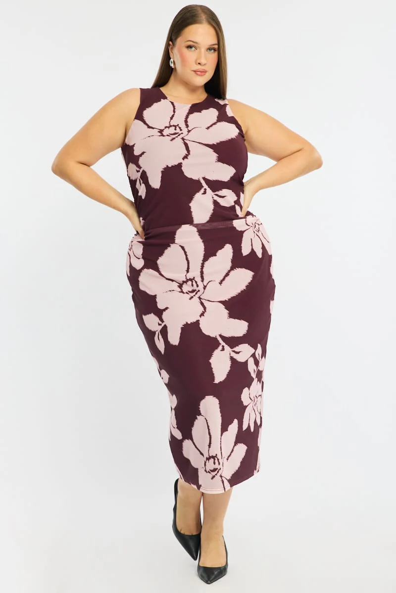 Red Floral Mesh Bodycon Dress Sleeveless - Image 2