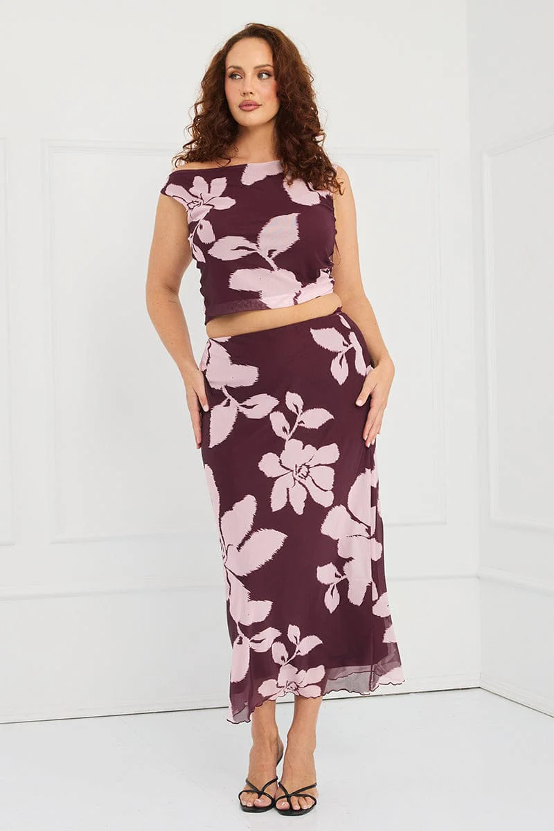 Red Floral Mesh Midi Skirt Floral