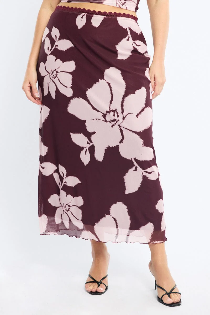 Red Floral Mesh Midi Skirt Floral - Image 2