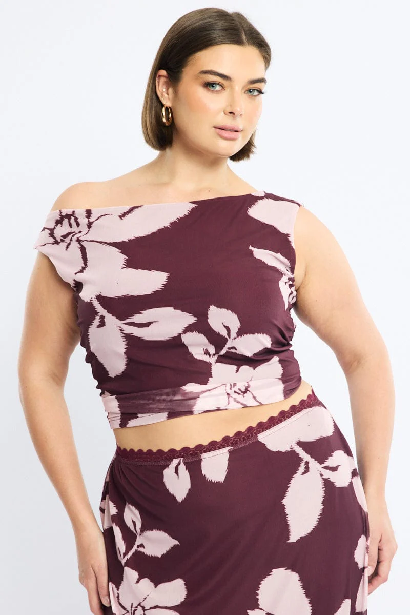 Red Floral Mesh Top Asymmetric Shoulder - Image 2