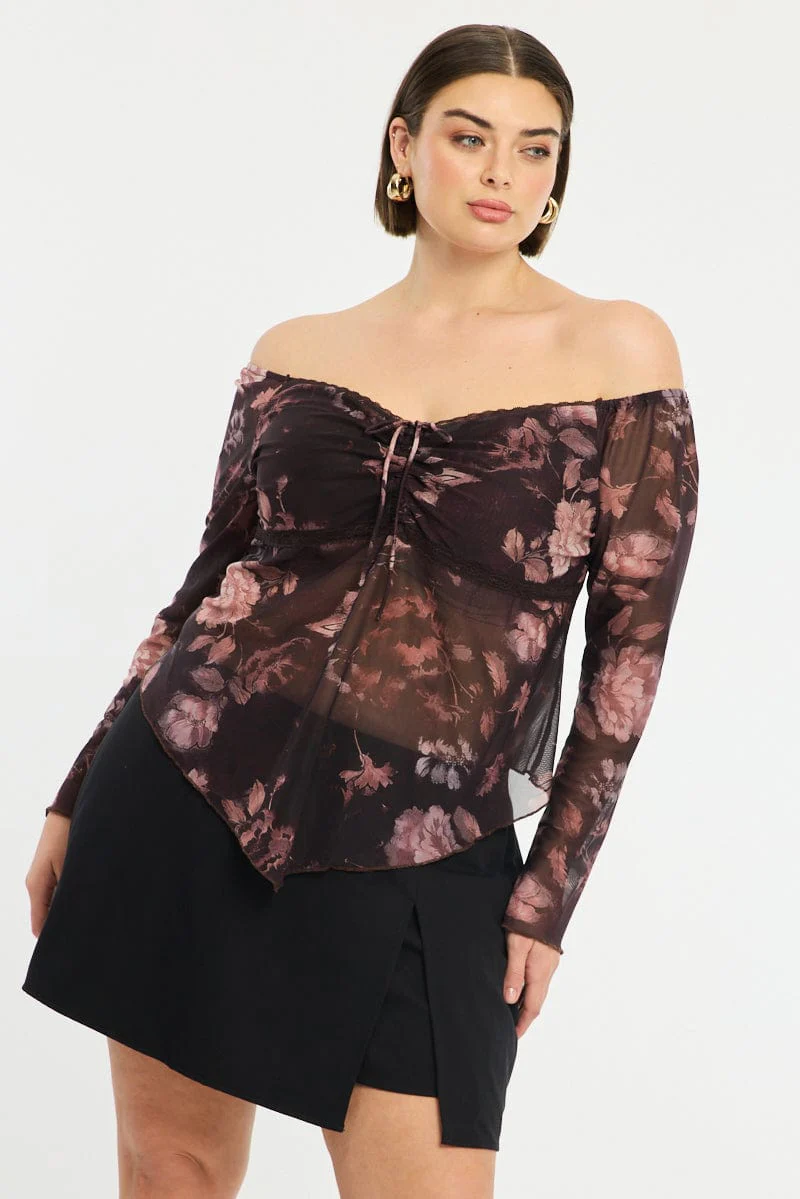 Red Floral Mesh Top Long Sleeve