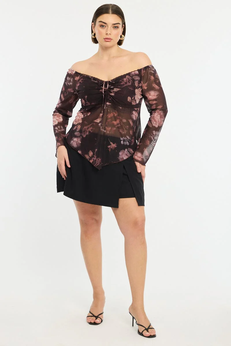 Red Floral Mesh Top Long Sleeve - Image 2
