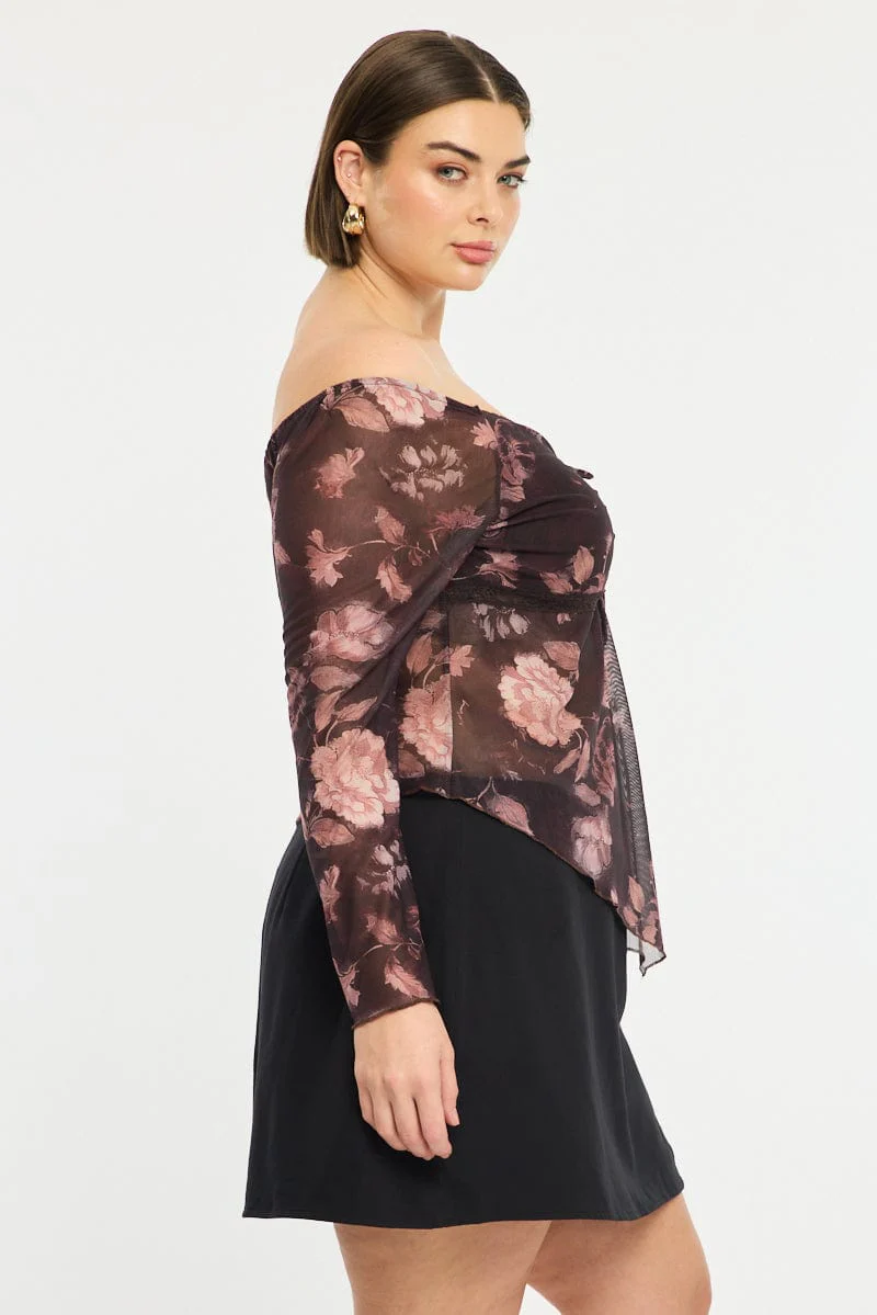 Red Floral Mesh Top Long Sleeve - Image 3