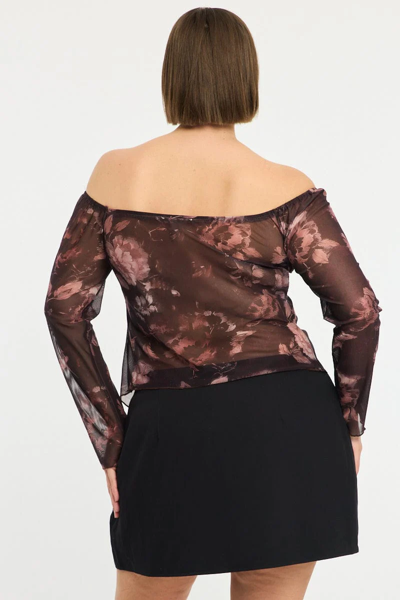 Red Floral Mesh Top Long Sleeve - Image 4