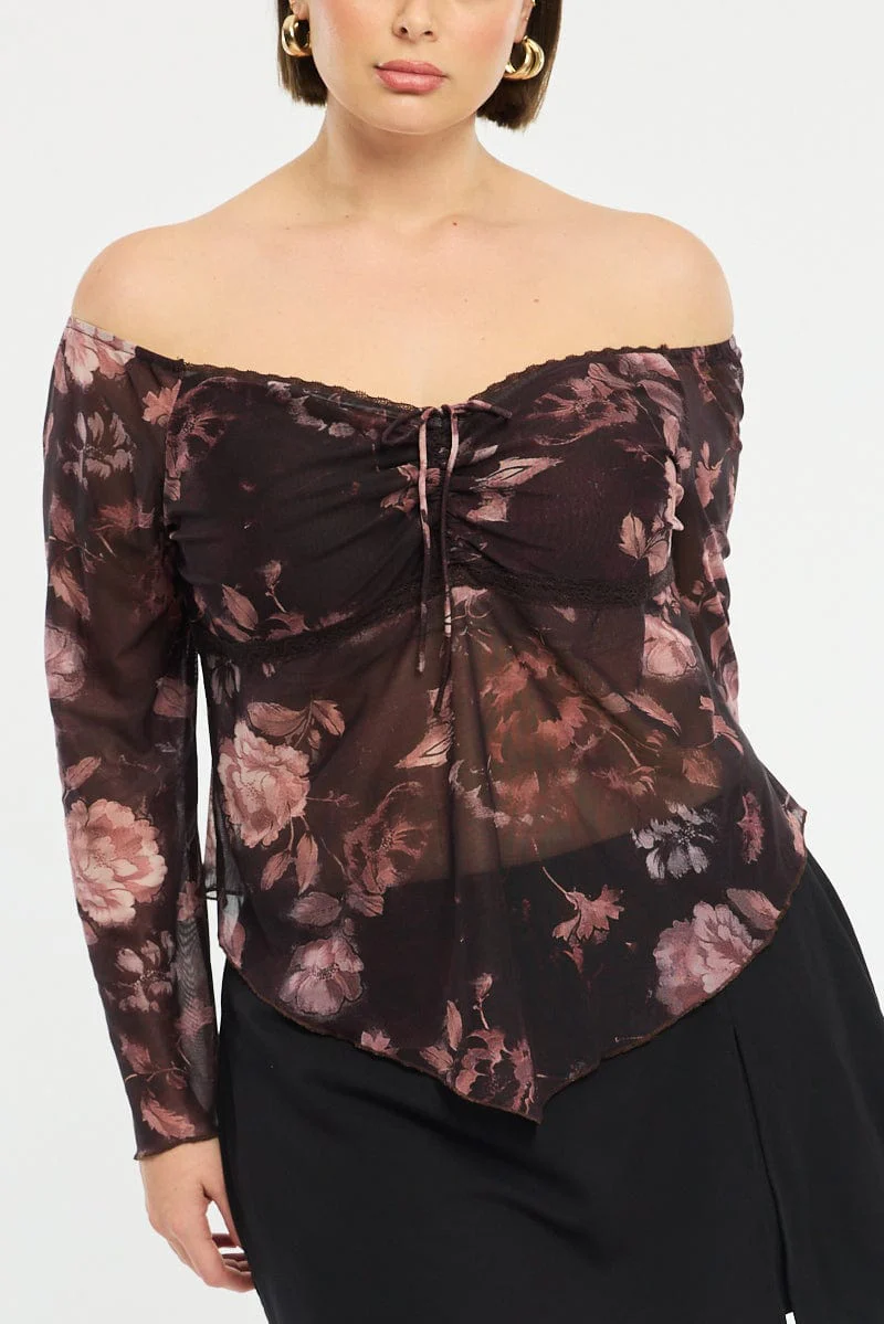 Red Floral Mesh Top Long Sleeve - Image 5