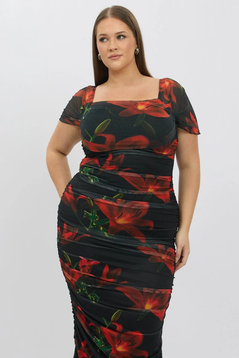Red Floral Midi Dress Off Shoulder Ruched Mesh - Image 3