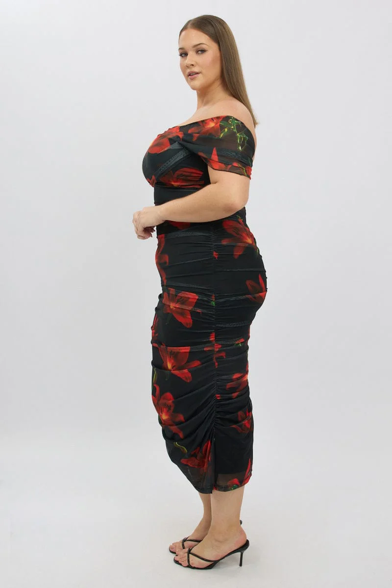 Red Floral Midi Dress Off Shoulder Ruched Mesh - Image 4