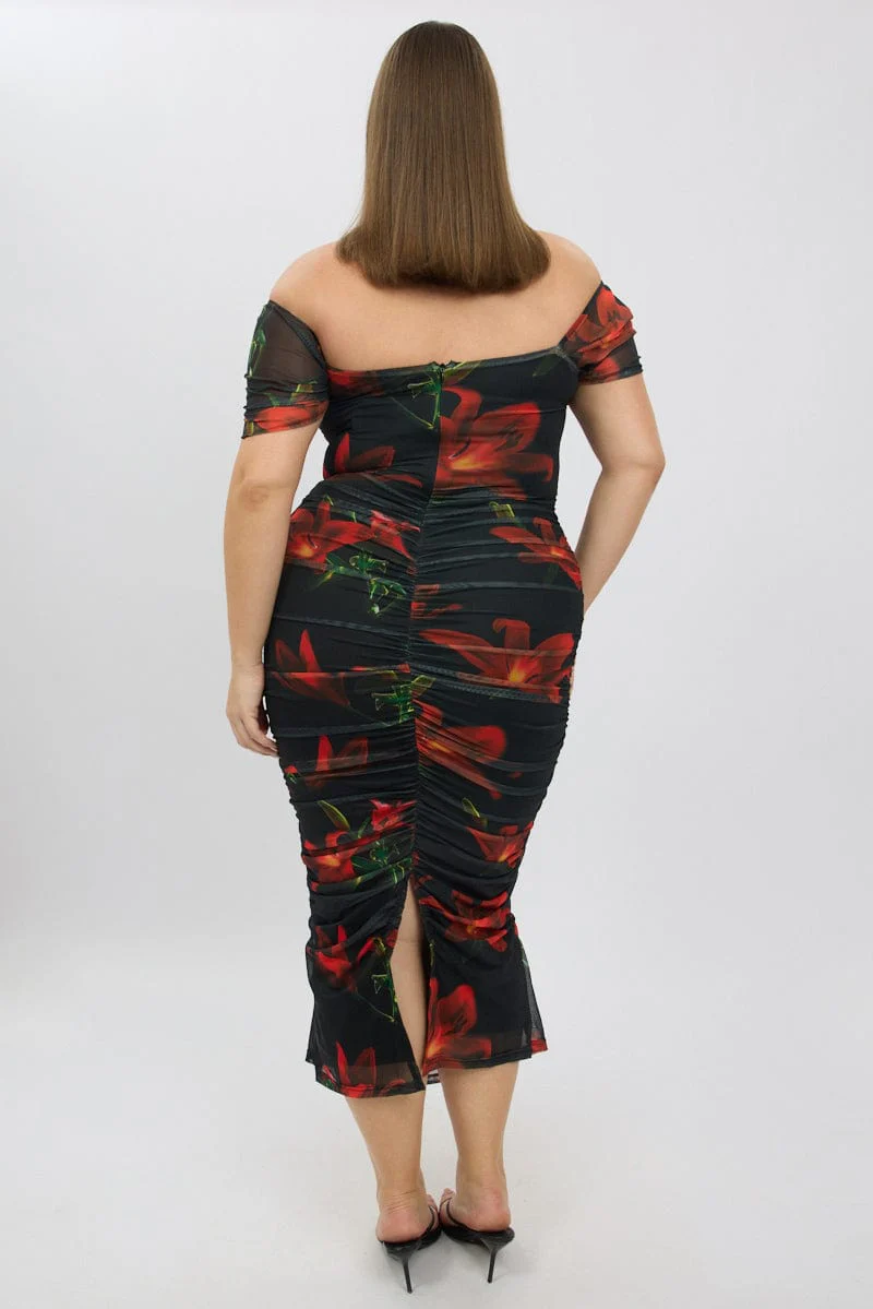 Red Floral Midi Dress Off Shoulder Ruched Mesh - Image 5