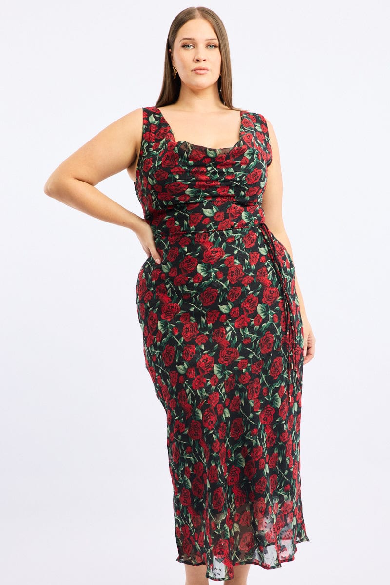 Red Floral Midi Dress Sleeveless Cowl Neck