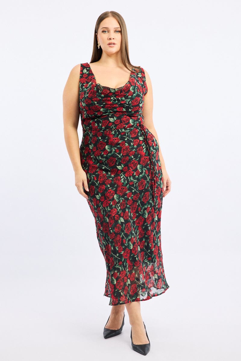 Red Floral Midi Dress Sleeveless Cowl Neck - Image 2