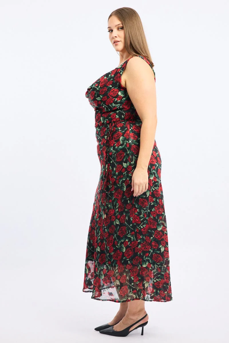 Red Floral Midi Dress Sleeveless Cowl Neck - Image 3