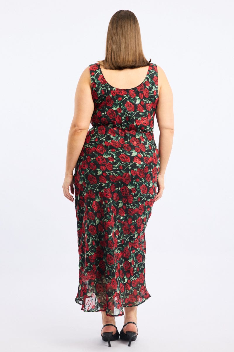 Red Floral Midi Dress Sleeveless Cowl Neck - Image 4