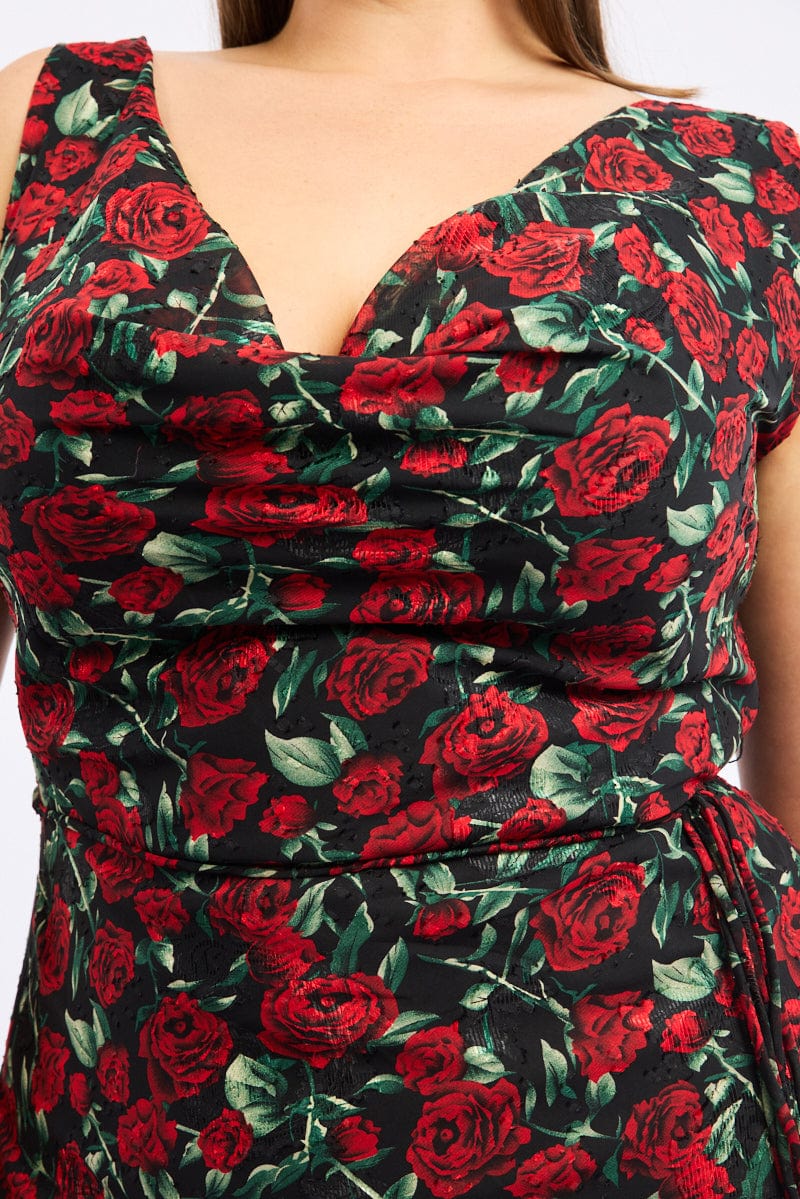 Red Floral Midi Dress Sleeveless Cowl Neck - Image 5