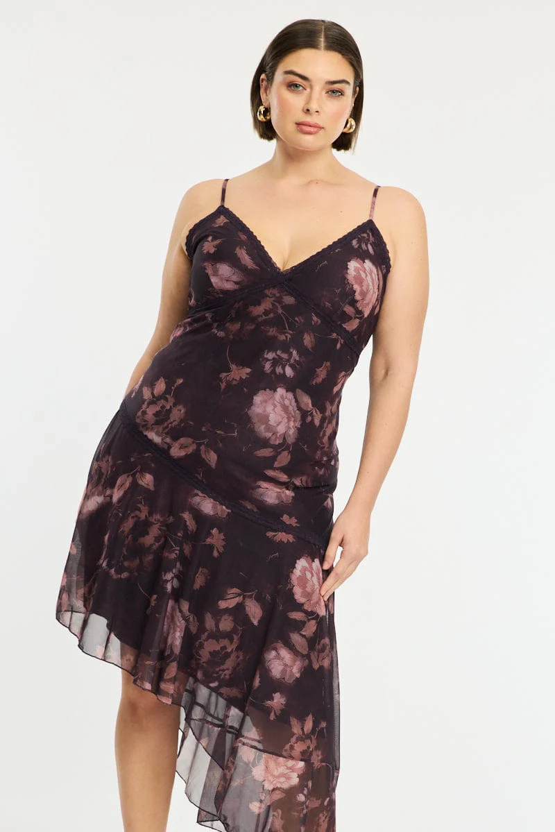 Red Floral Midi Dress Sleeveless Mesh Ruffle - Image 2