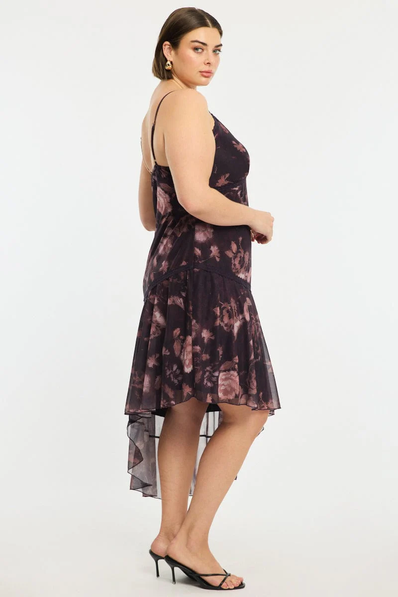 Red Floral Midi Dress Sleeveless Mesh Ruffle - Image 3
