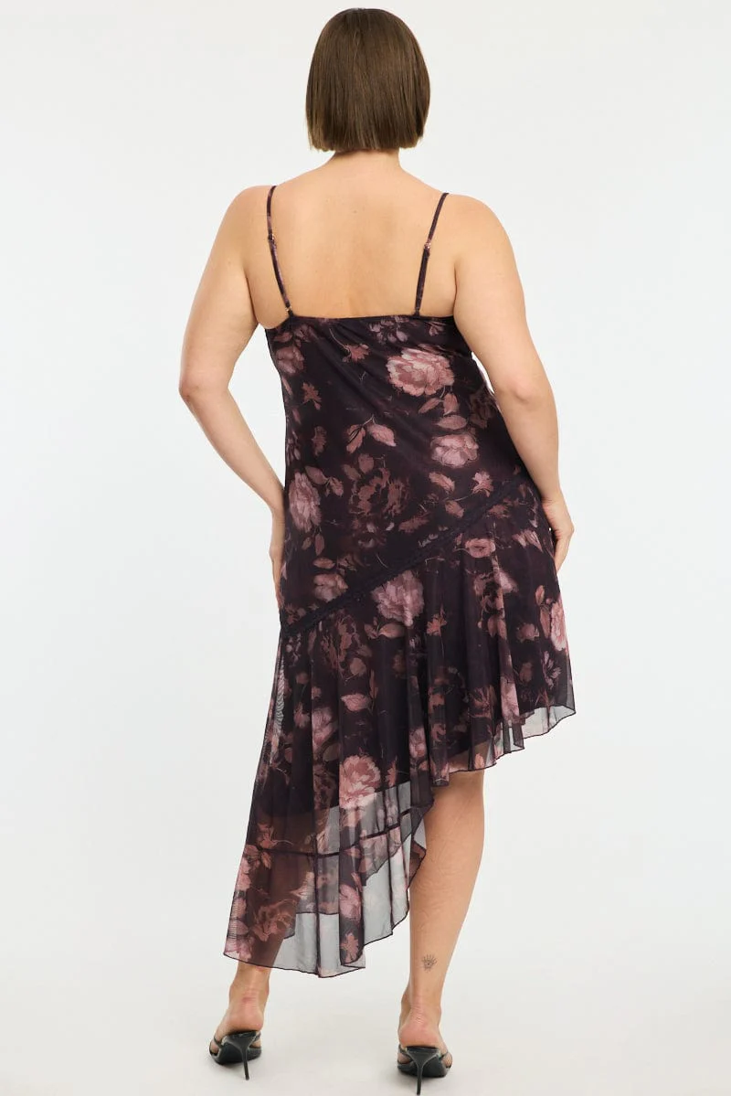 Red Floral Midi Dress Sleeveless Mesh Ruffle - Image 4