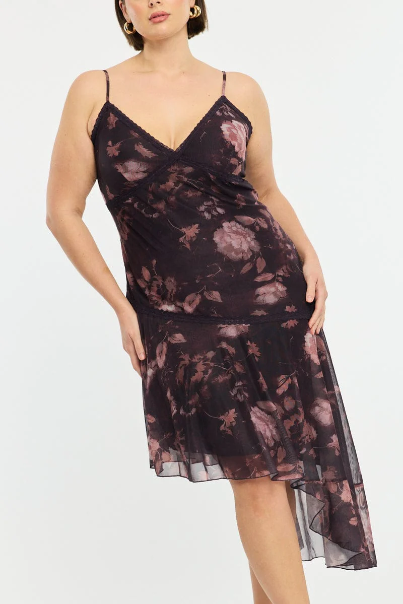 Red Floral Midi Dress Sleeveless Mesh Ruffle - Image 5
