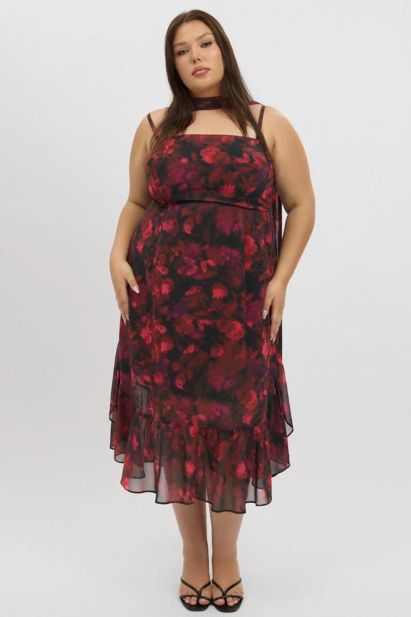 Red Floral Midi Dress Sleeveless Ruffle Scarf - Image 2
