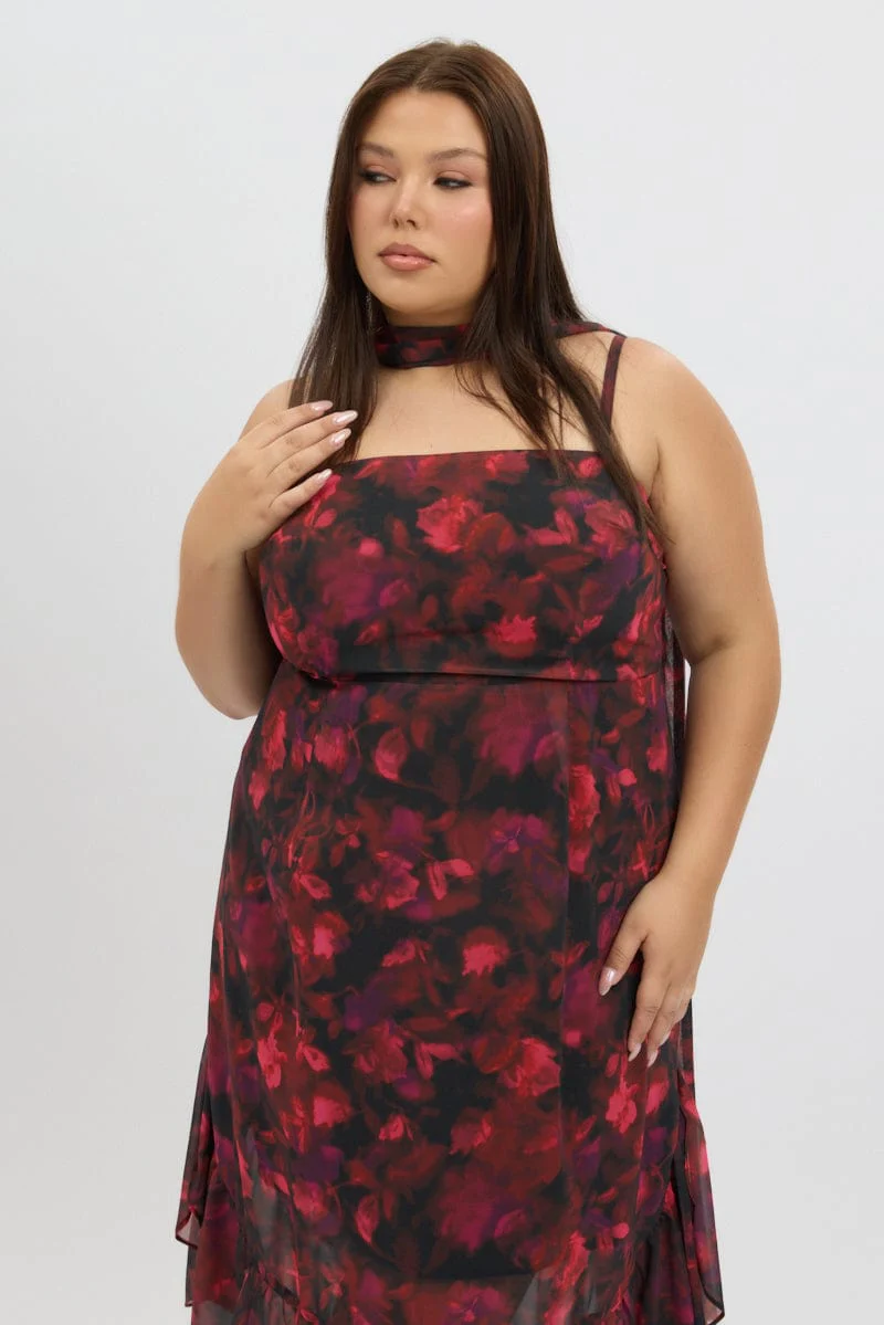 Red Floral Midi Dress Sleeveless Ruffle Scarf - Image 3