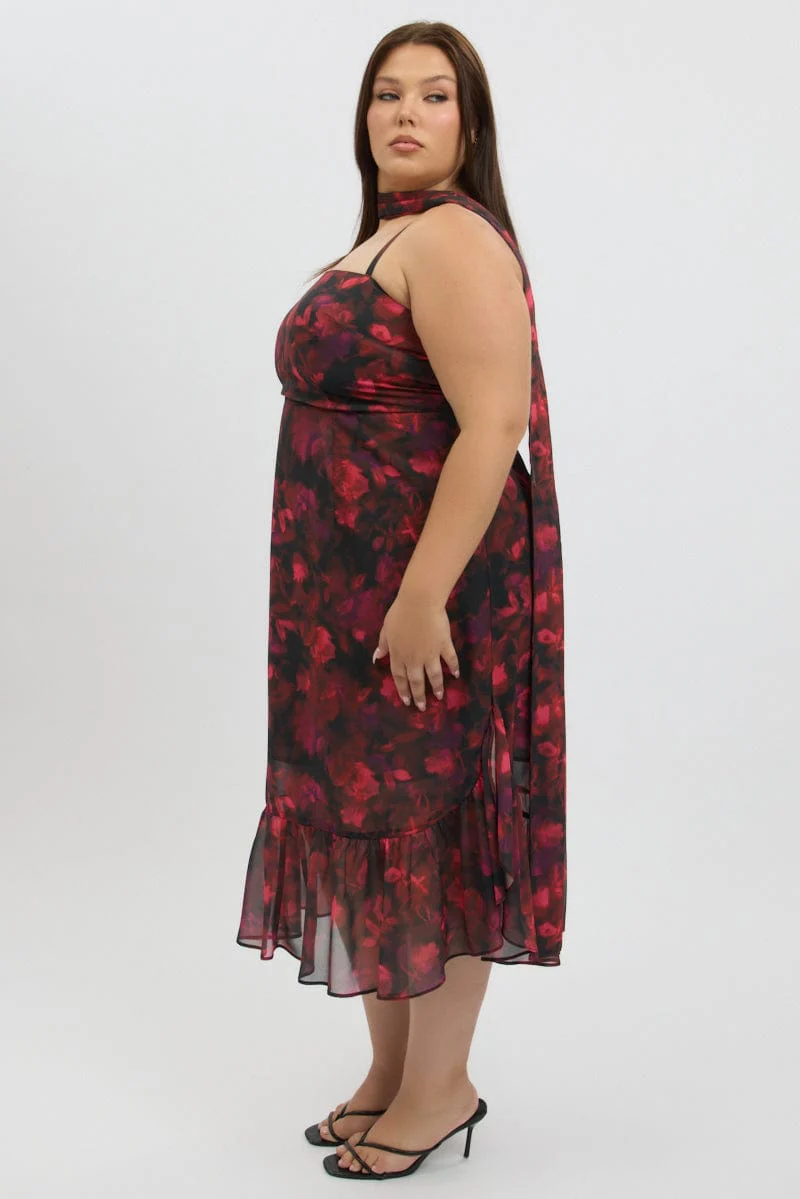 Red Floral Midi Dress Sleeveless Ruffle Scarf - Image 4