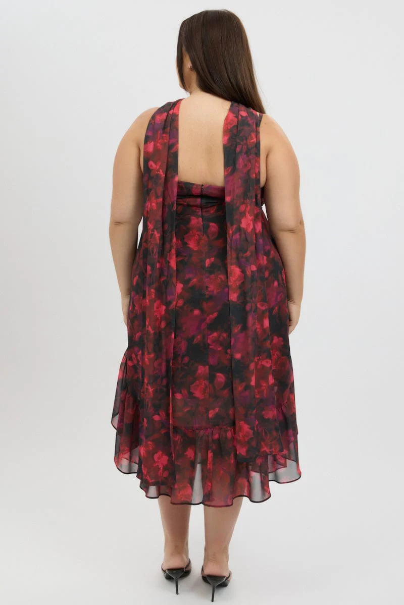 Red Floral Midi Dress Sleeveless Ruffle Scarf - Image 5