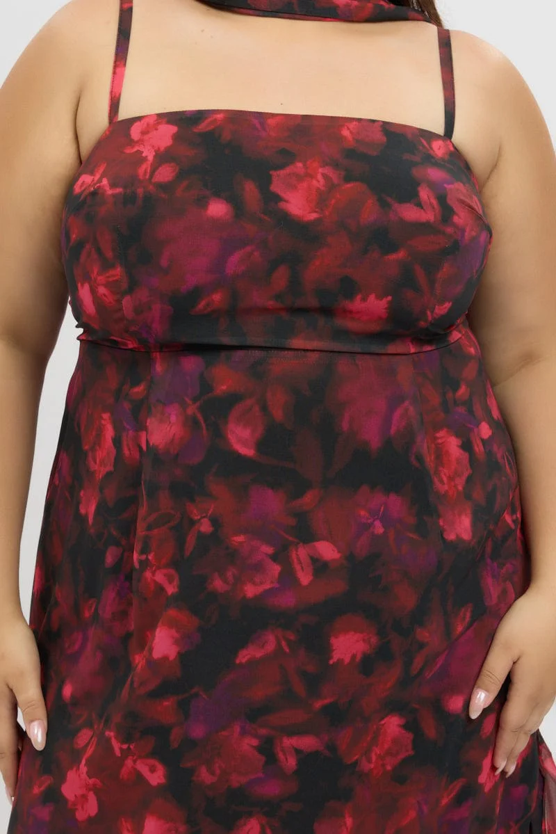 Red Floral Midi Dress Sleeveless Ruffle Scarf - Image 6