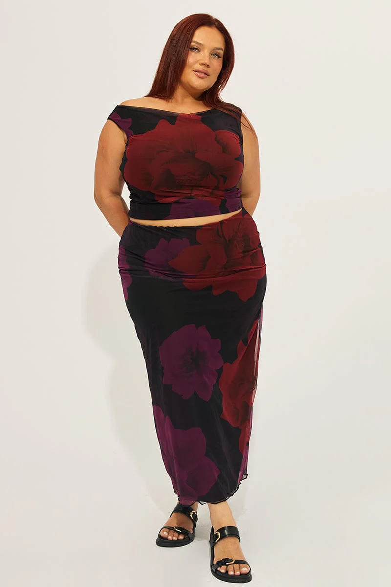 Red Floral Midi Skirt Mesh