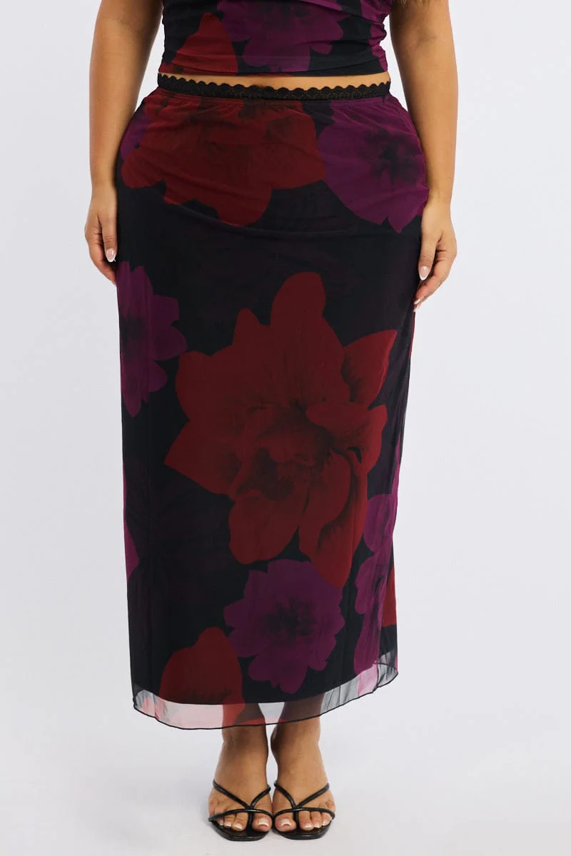 Red Floral Midi Skirt Mesh - Image 2
