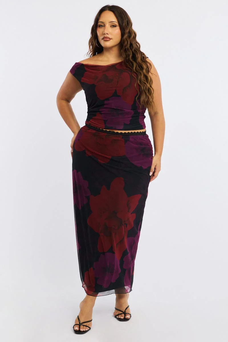 Red Floral Midi Skirt Mesh - Image 3