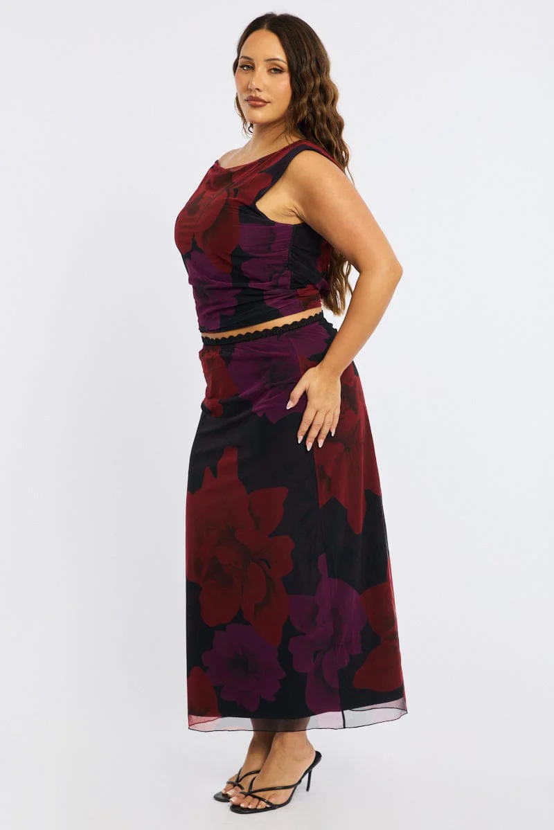 Red Floral Midi Skirt Mesh - Image 4