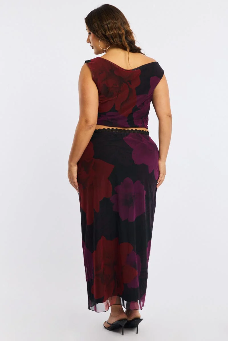 Red Floral Midi Skirt Mesh - Image 5